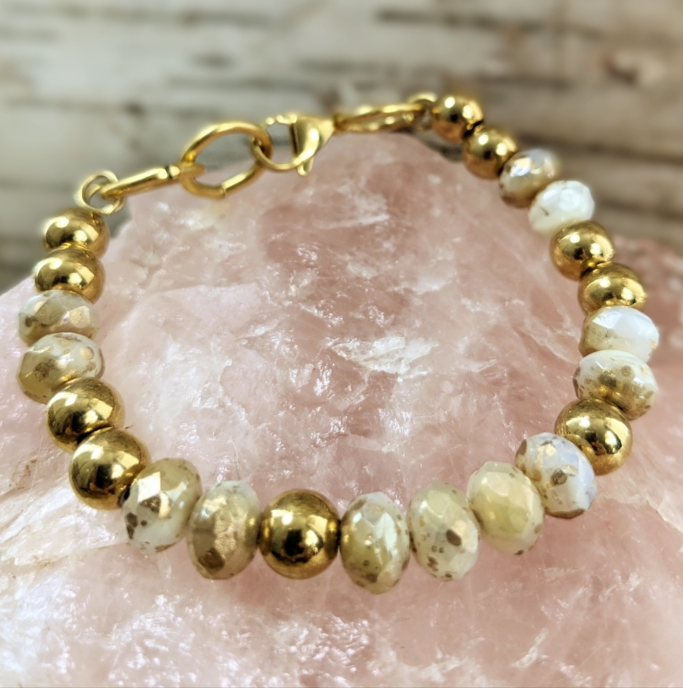 Gold Etched On White Glass Beads And Gold Balls Beads In Gold Bracelet